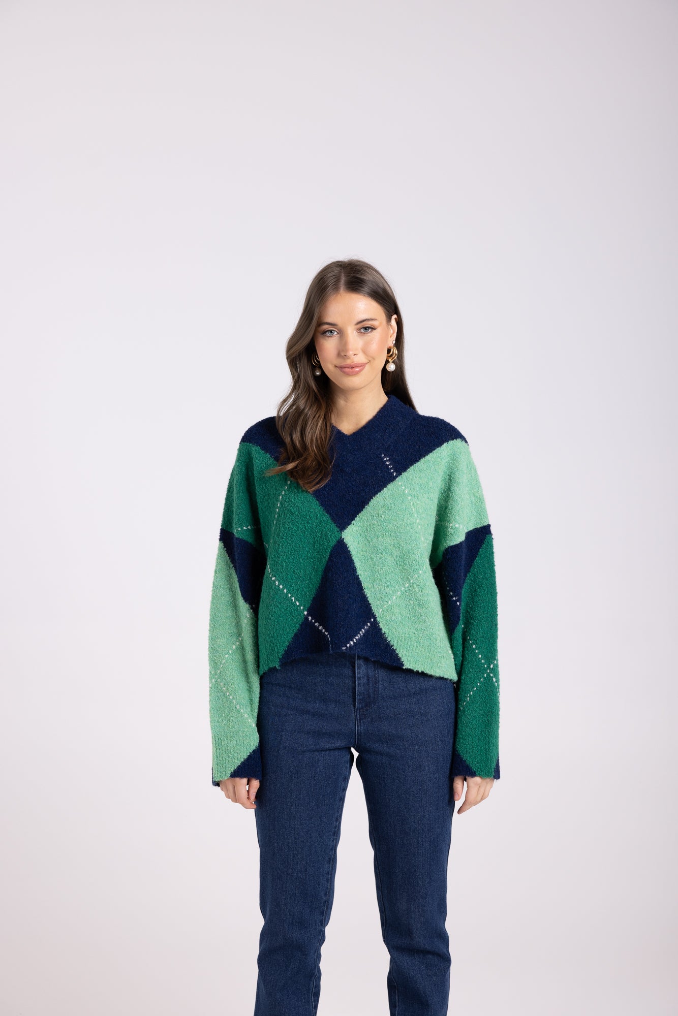 Two-T's High V-Neck with Diamonds Sweater - Navy/Kiwi/Mint