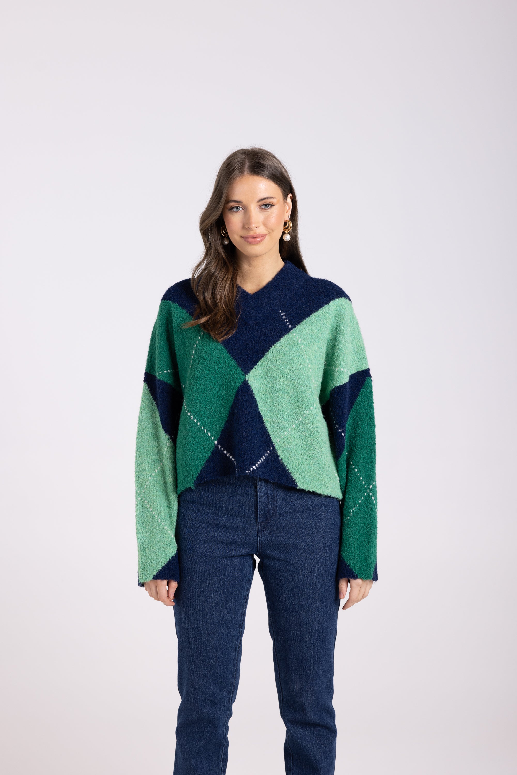 Two-T's High V-Neck with Diamonds Sweater - Navy/Kiwi/Mint