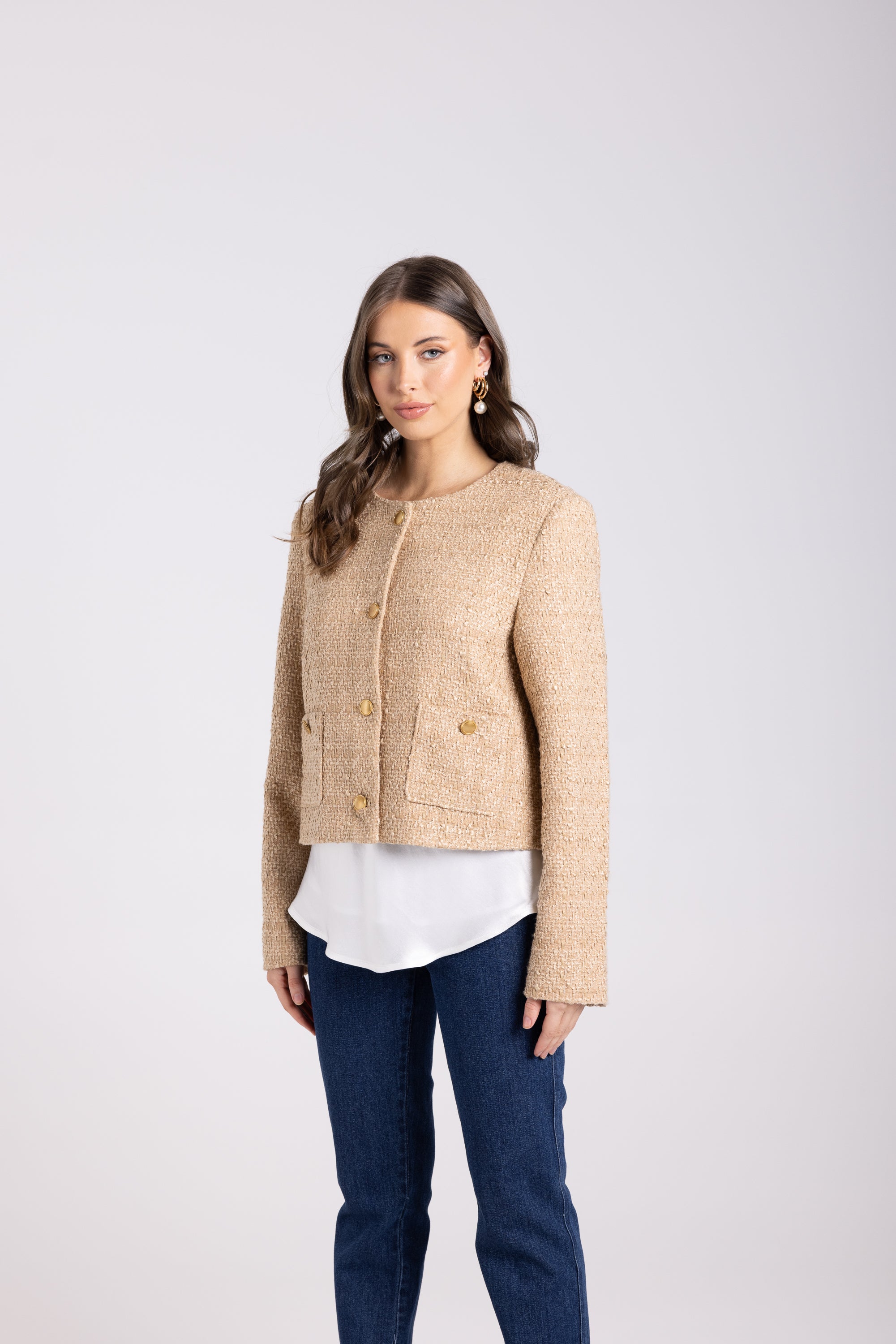 Two-T's Crop Boucle Jacket - Camel