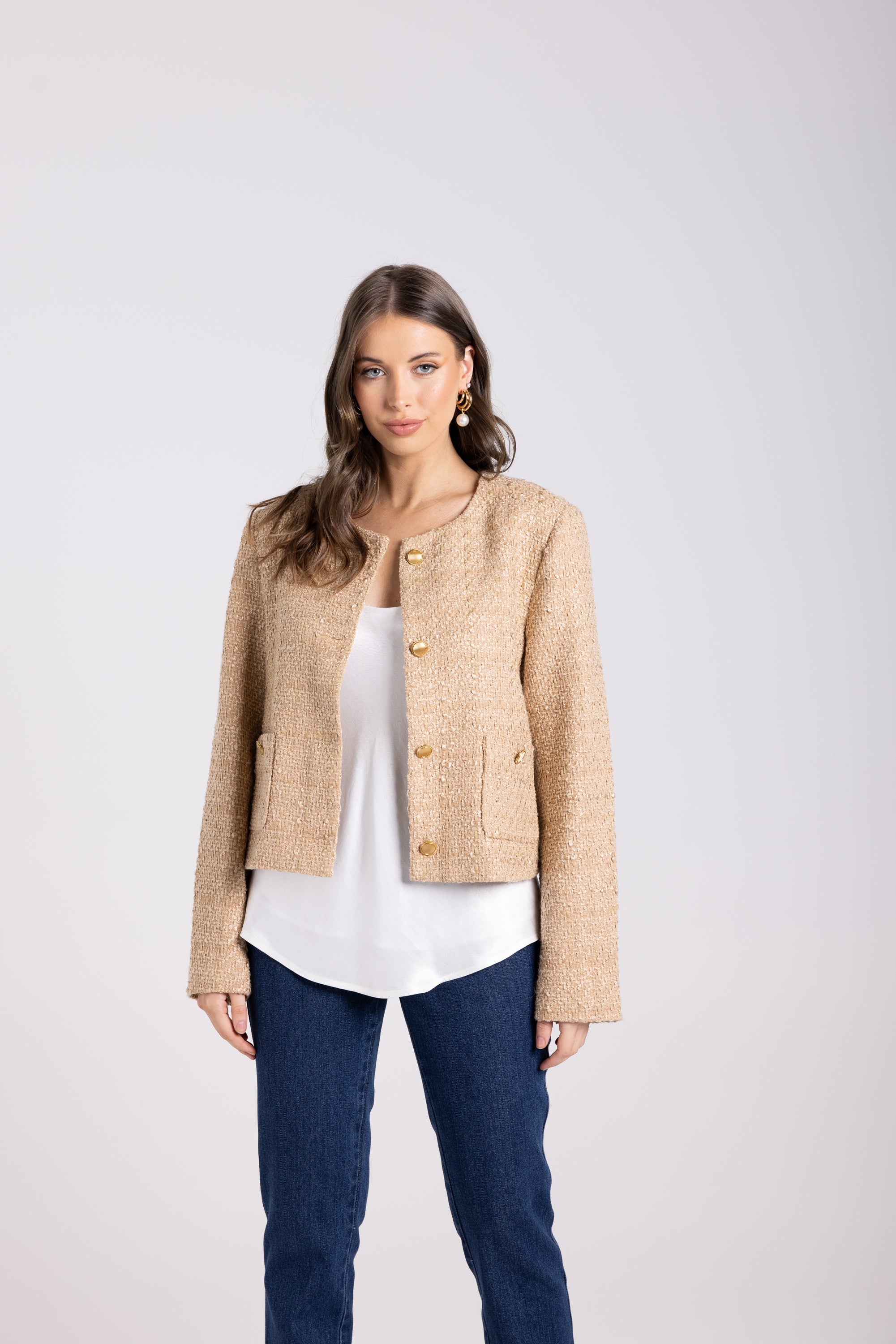 Two-T's Crop Boucle Jacket - Camel