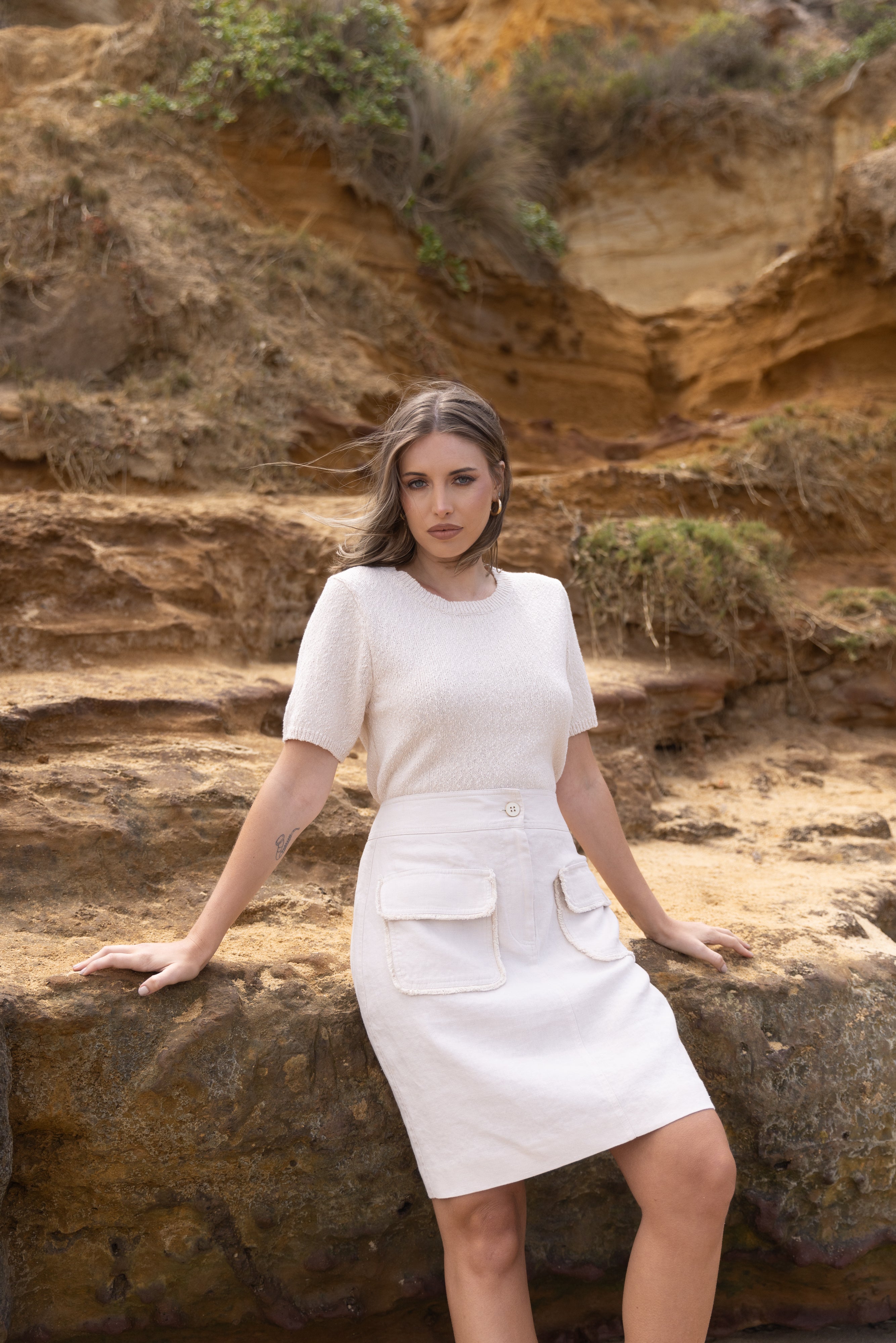 Two T's Boucle Knitted Top - Natural