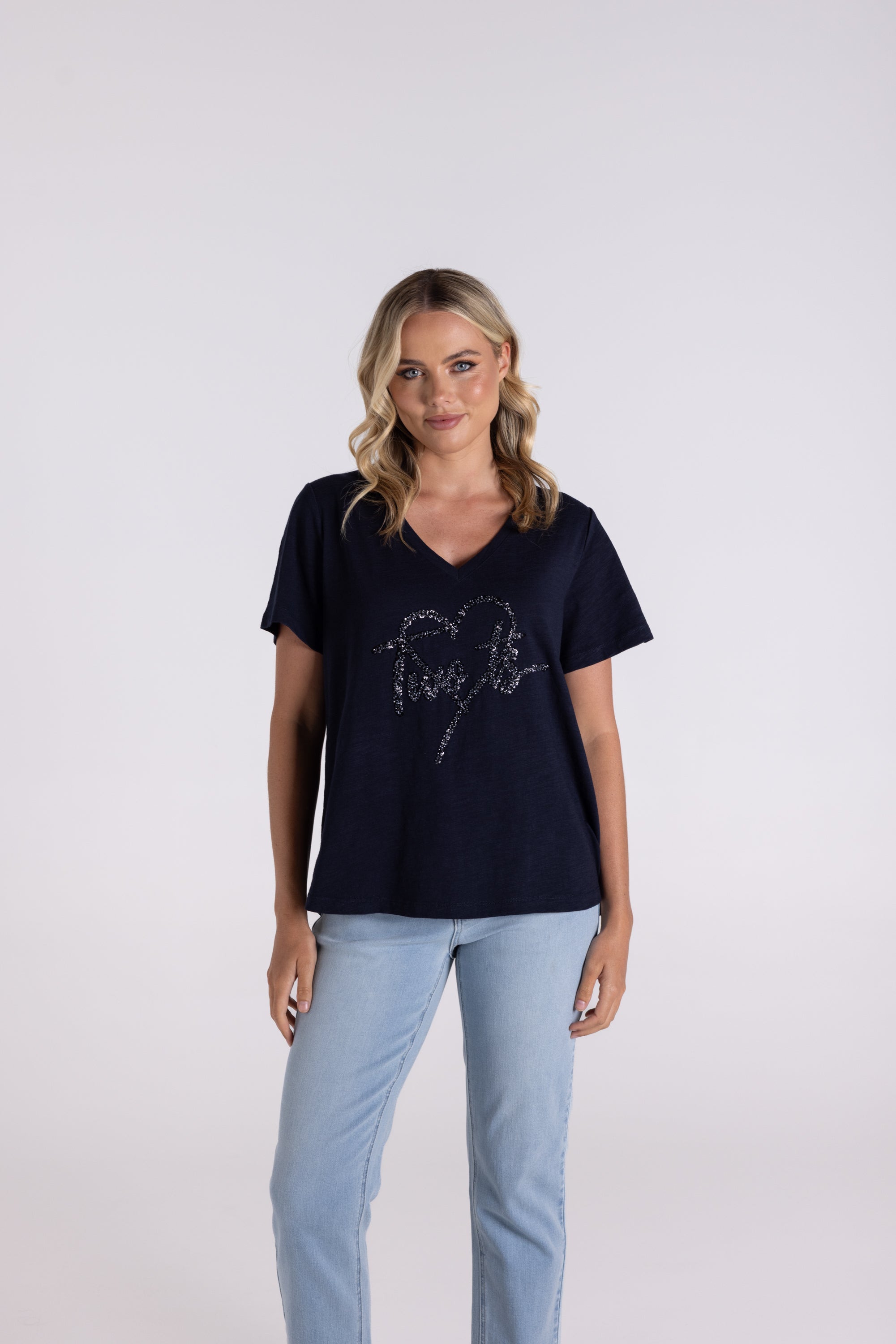 Two T's V-Neck Sequin Heart Logo T-Shirt - Navy
