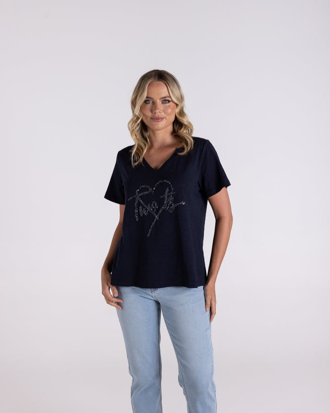 Two T's V-Neck Sequin Heart Logo T-Shirt - Navy