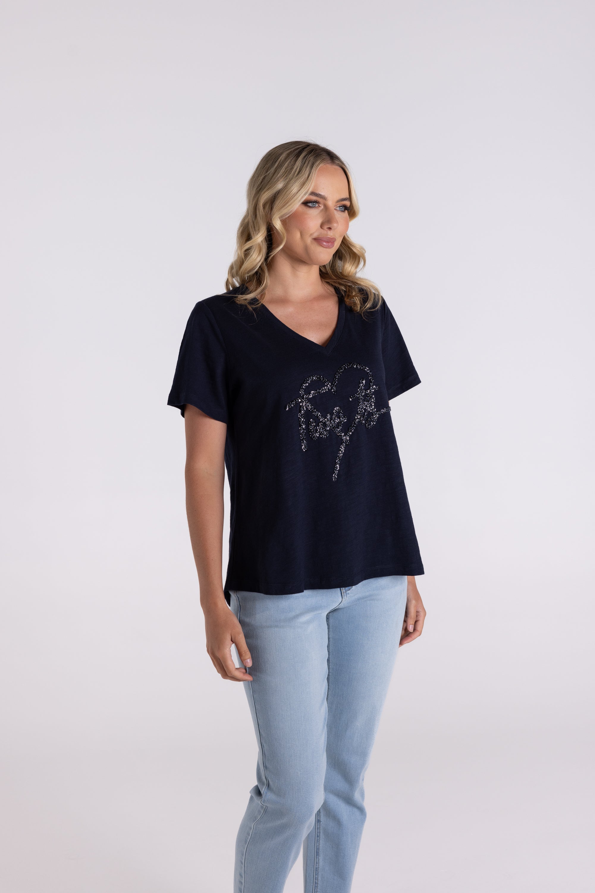 Two T's V-Neck Sequin Heart Logo T-Shirt - Navy