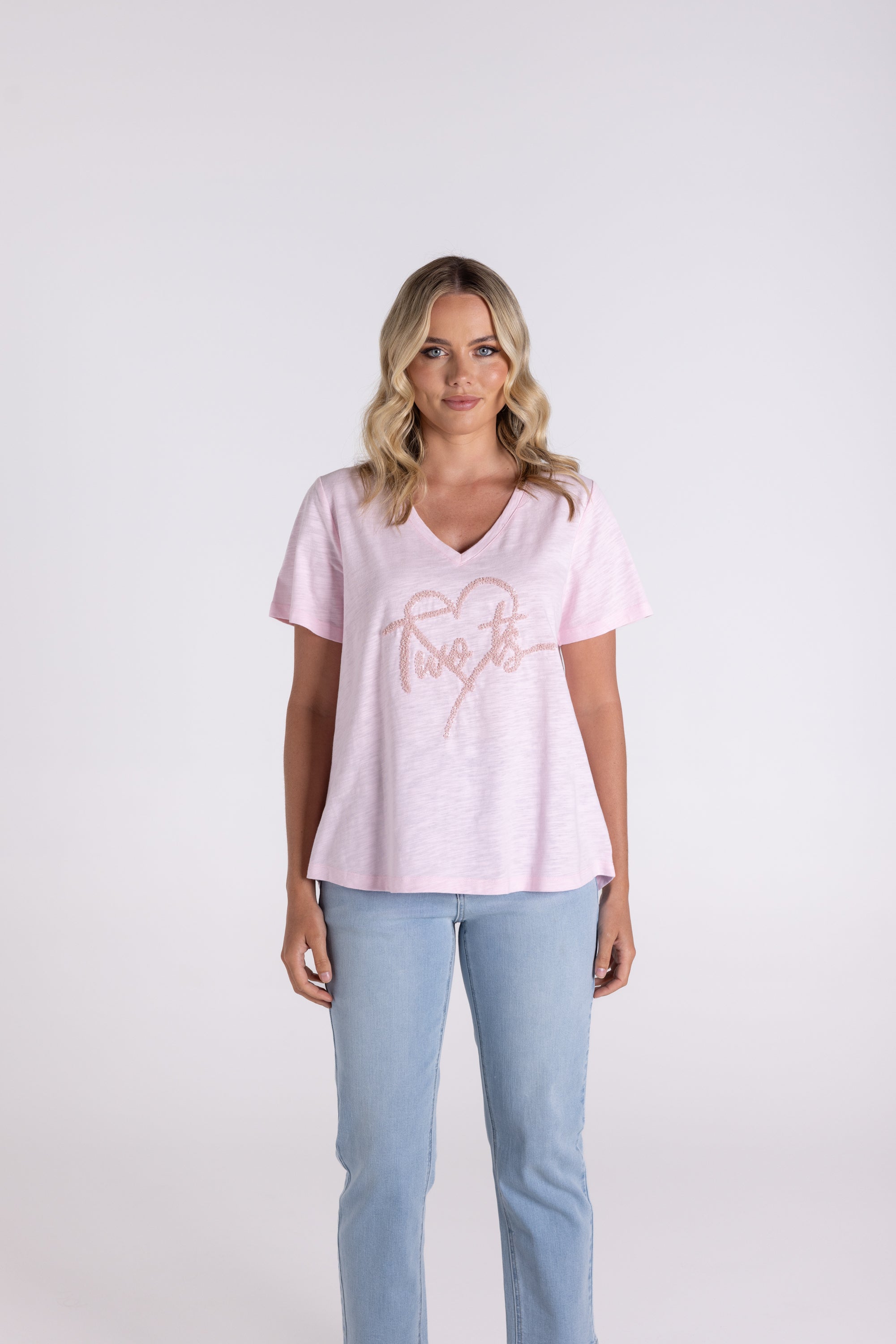 Two T's V Neck Sequin Heart Logo T-Shirt - Pink