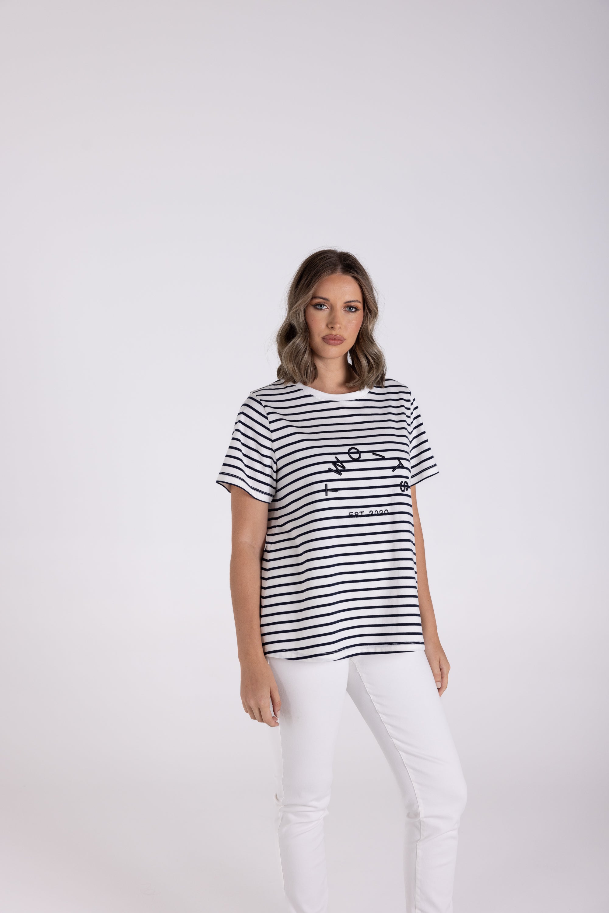 Two T's Stripe Short Sleeve Crew with Embroidery Tee - Navy/White