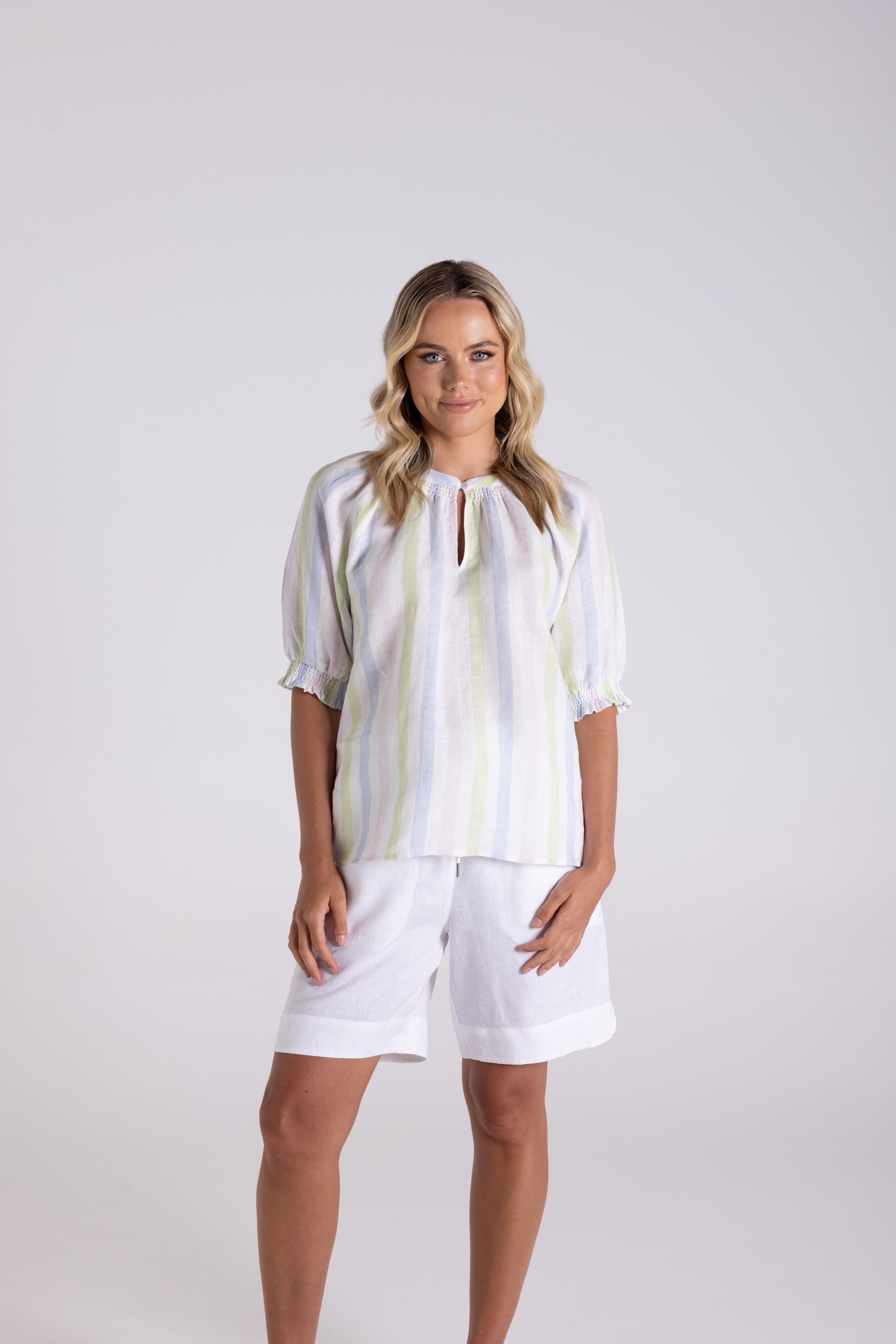 Two T's Linen Keyhole Top - Multi Stripe