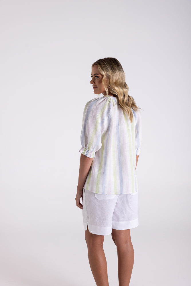 Two T's Linen Keyhole Top - Multi Stripe
