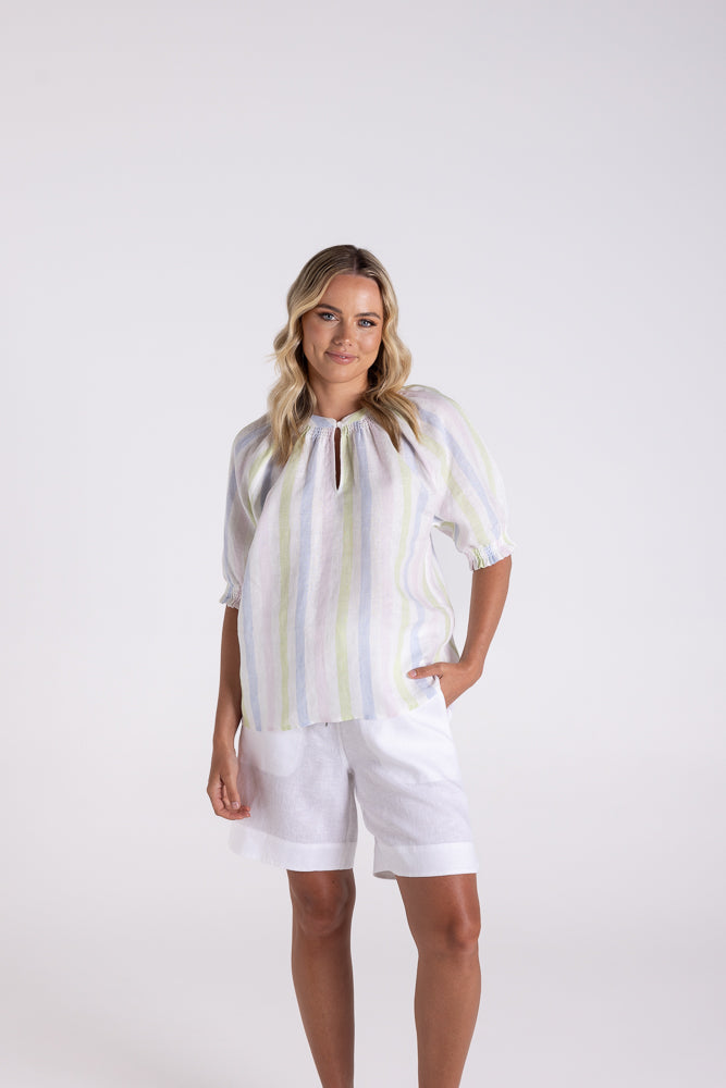 Two T's Linen Keyhole Top - Multi Stripe