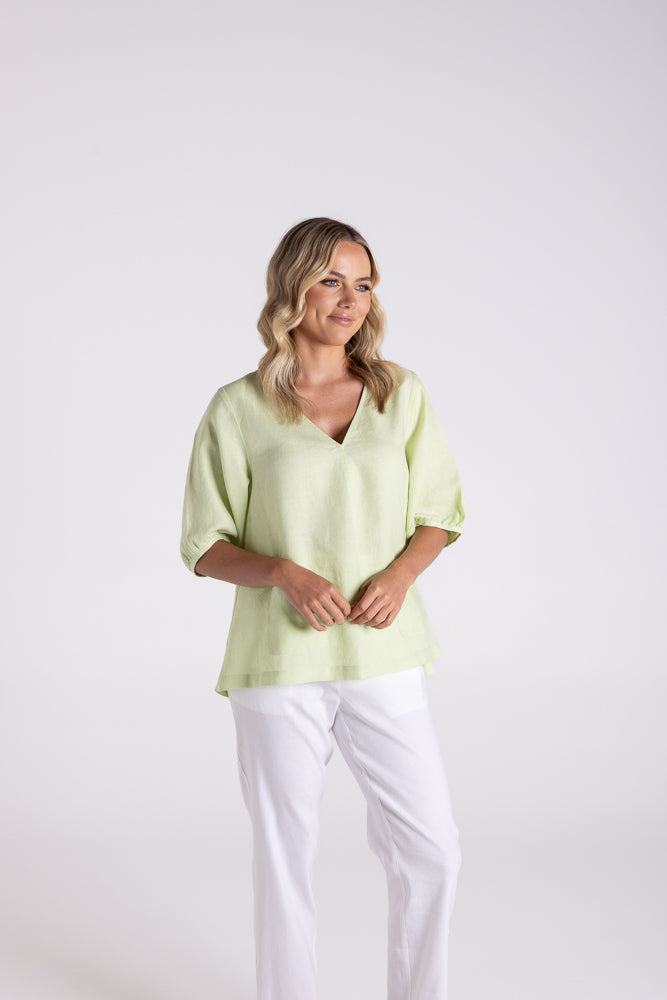 Two T's Linen Top with Pockets - Lime