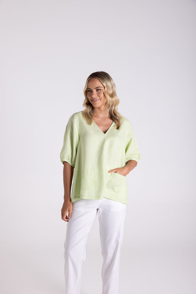 Two T's Linen Top with Pockets - Lime