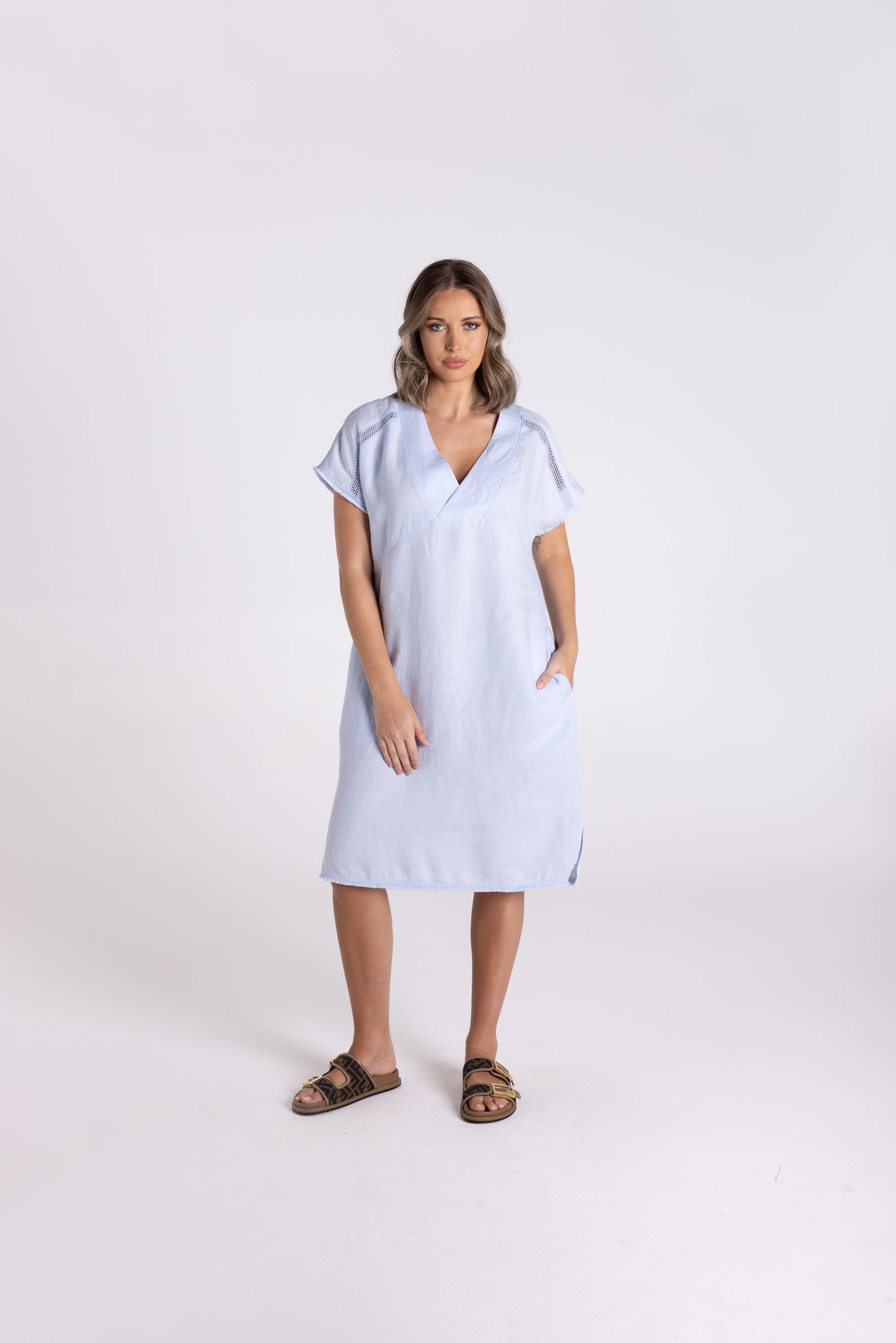 Two T's Linen Dress with Fringe Detail - Ice Blue