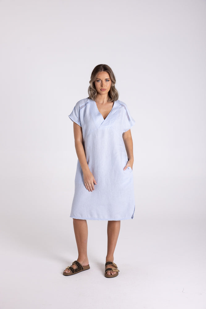 Two T's Linen Dress with Fringe Detail - Ice Blue