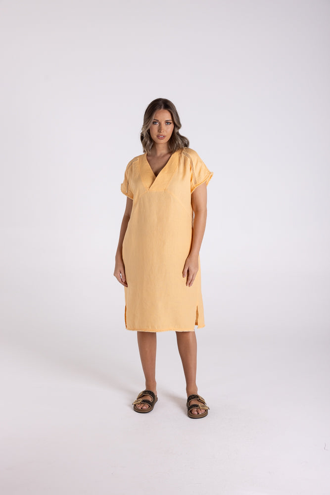 Two T's Linen Dress with Fringe Detail - Melon