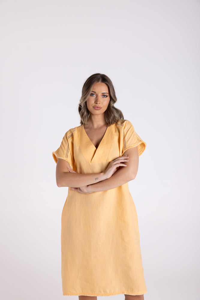 Two T's Linen Dress with Fringe Detail - Melon