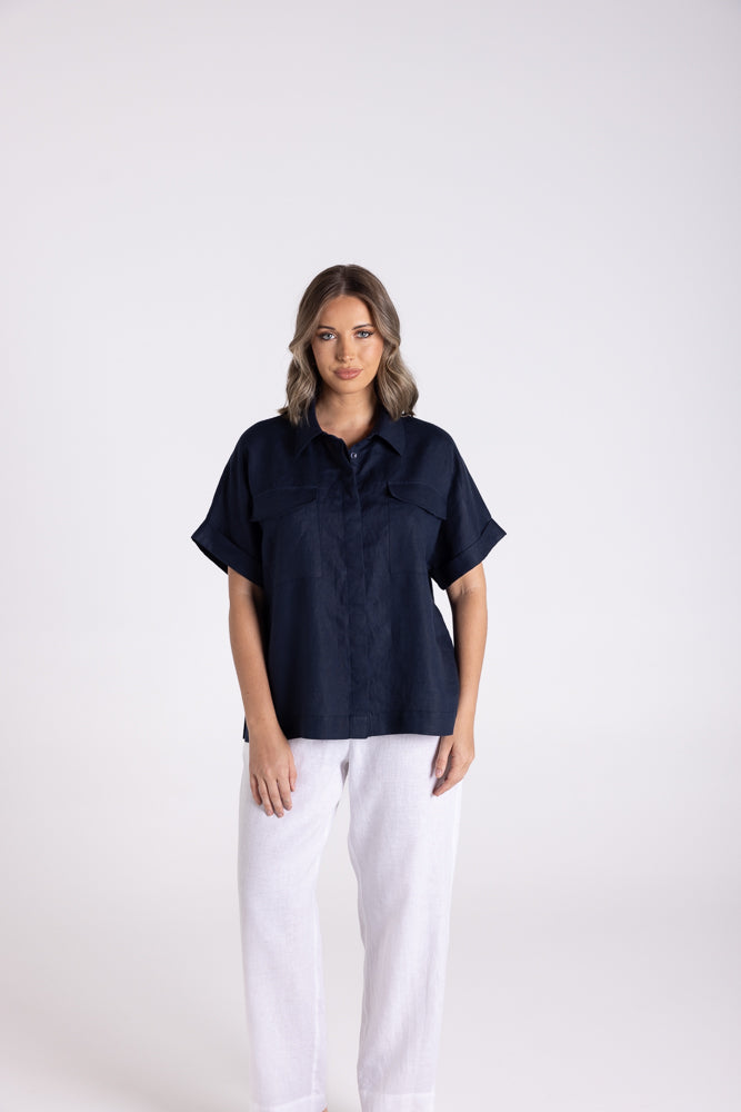 Two T's Dropped Shoulder Over-Sized Linen Shirt - French Navy