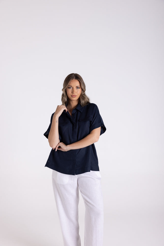 Two T's Dropped Shoulder Over-Sized Linen Shirt - French Navy
