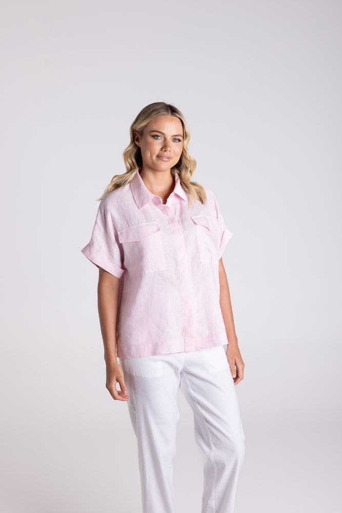 Two T's Dropped Shoulder Over-Sized Linen Shirt - Pink