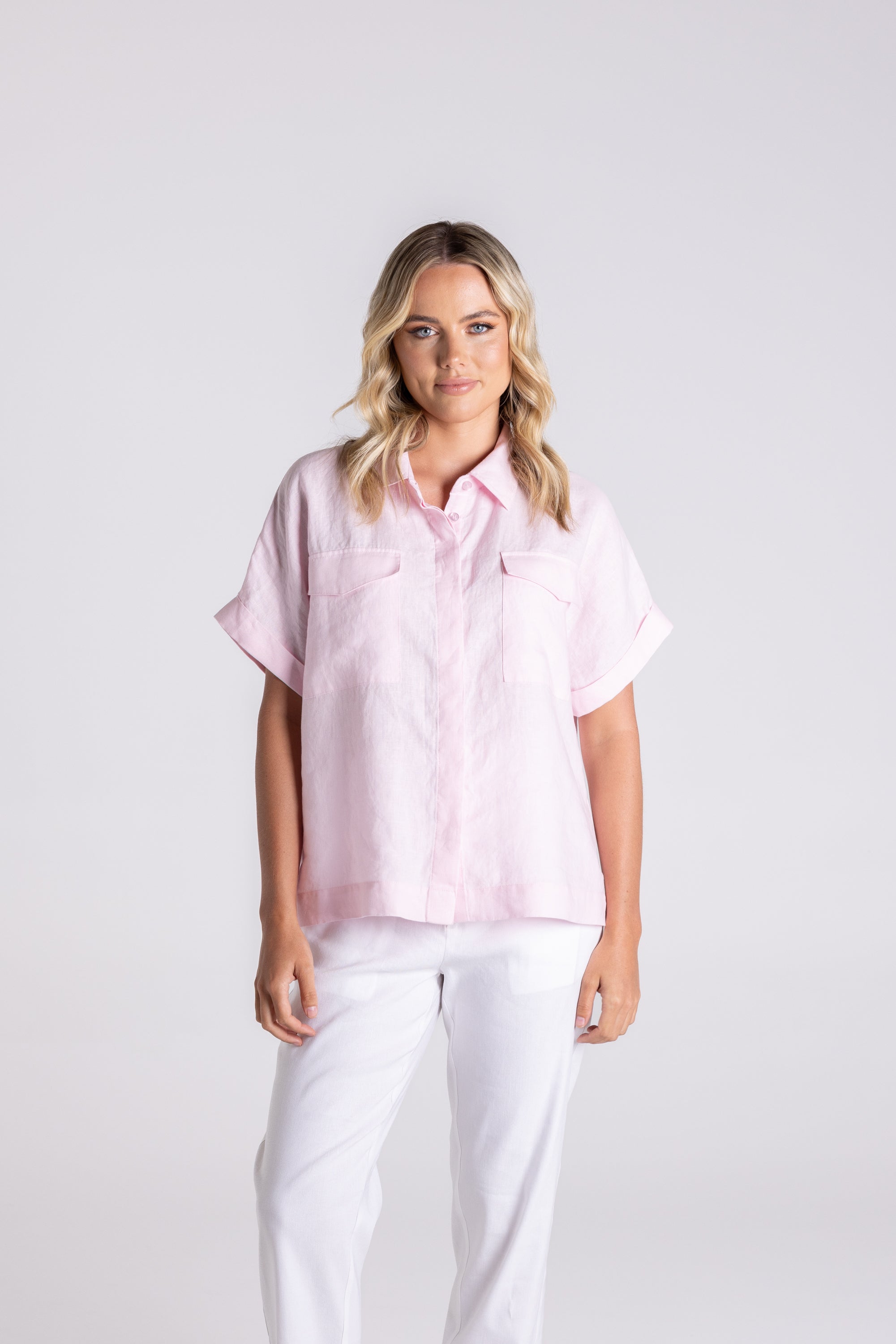Two T's Dropped Shoulder Over-Sized Linen Shirt - Pink
