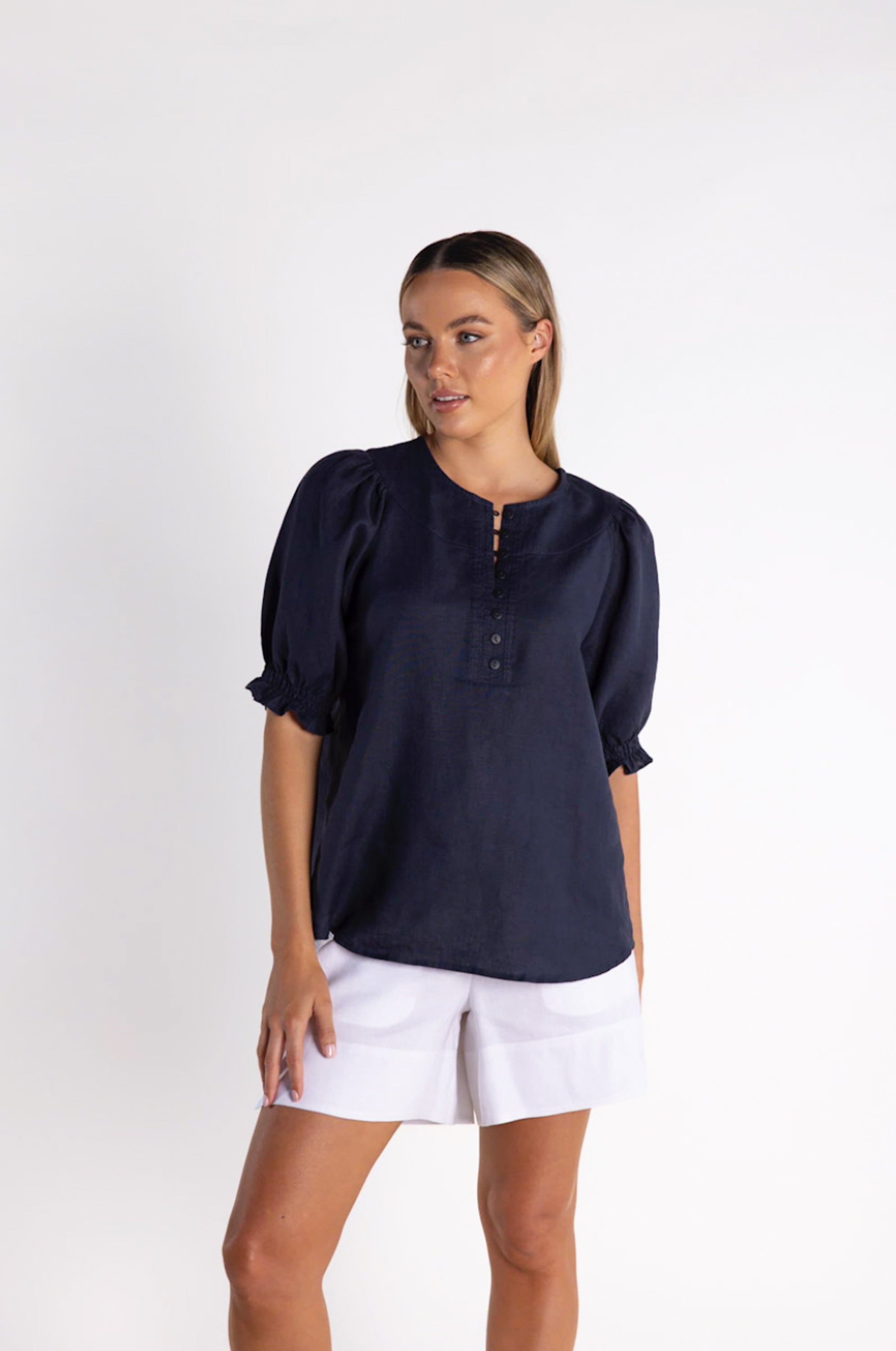 Two T's Linen Top - Navy