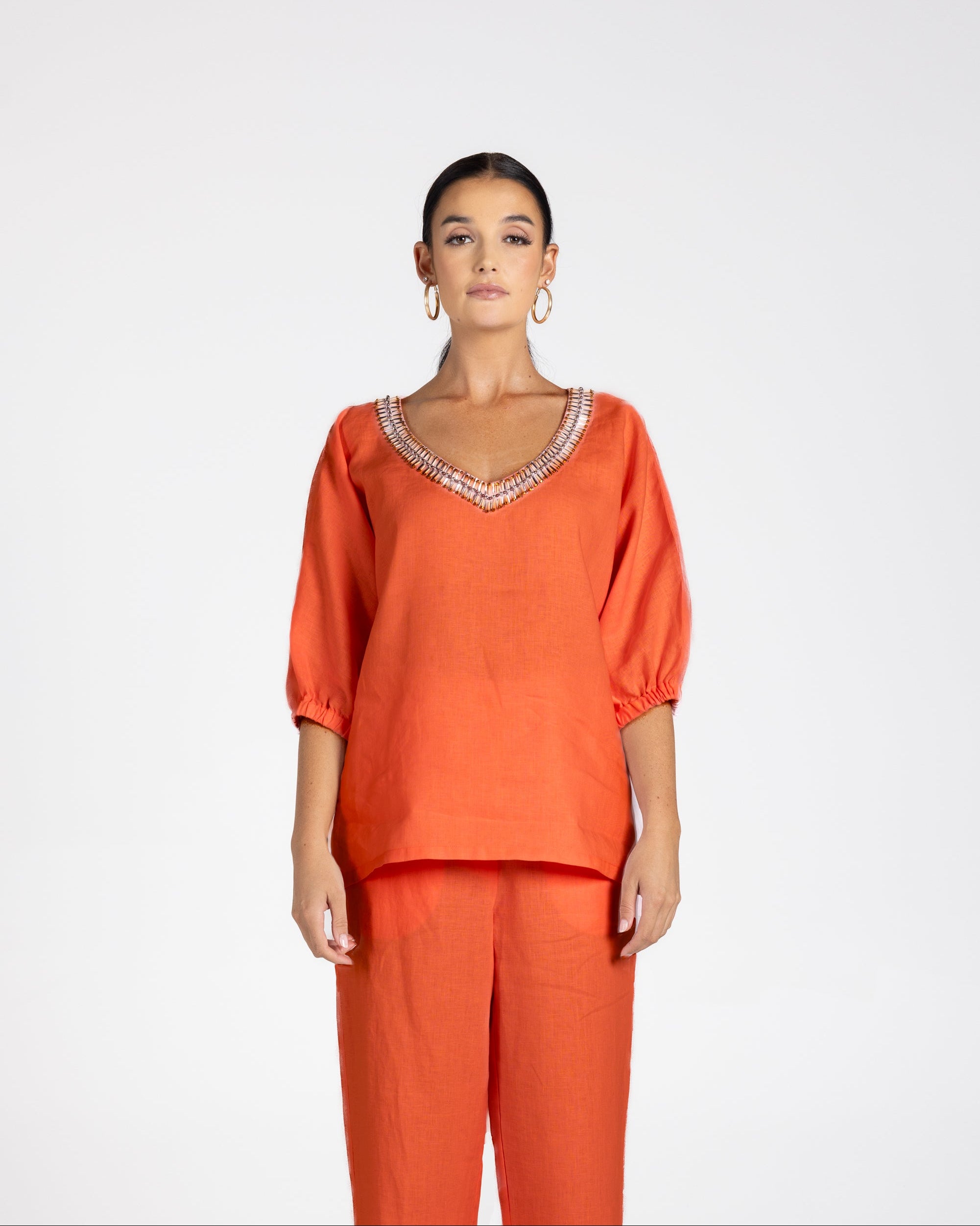 Two T's Linen V-Neck Beaded Top - Burnt Orange