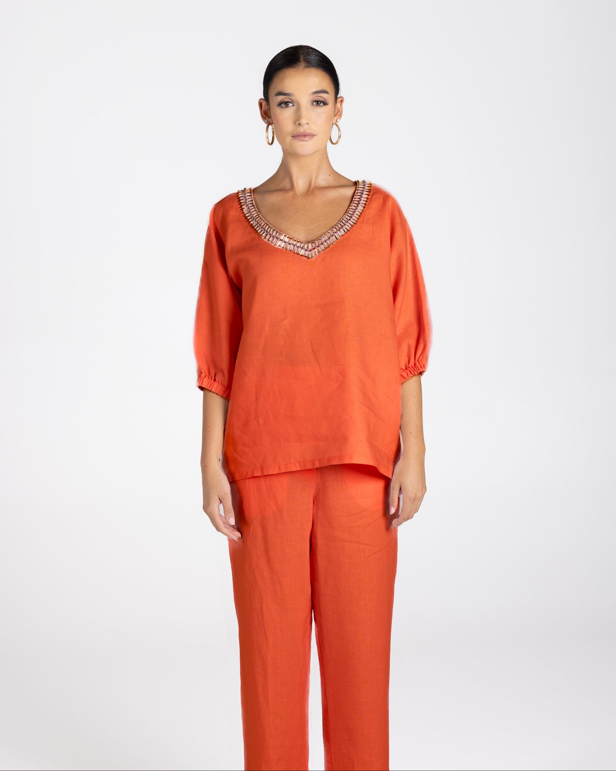 Two T's Linen V-Neck Beaded Top - Burnt Orange