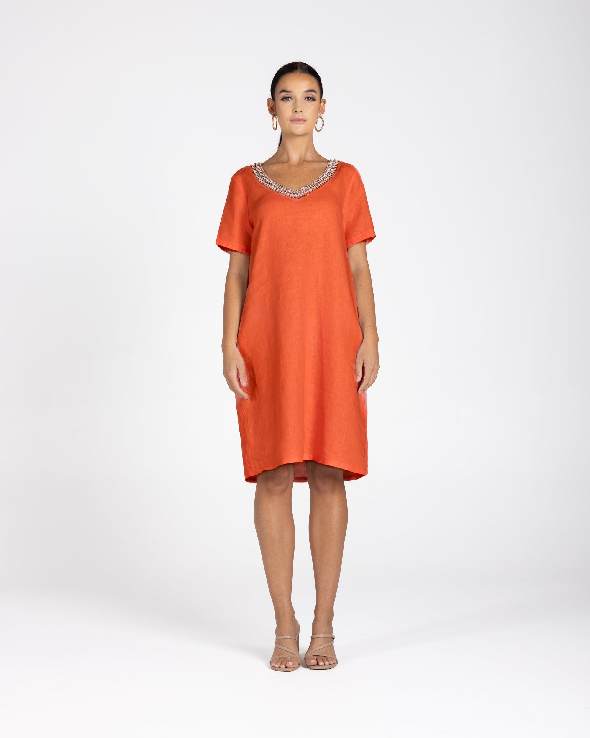 Two T's Linen V-Neck Beaded Dress - Burnt Orange