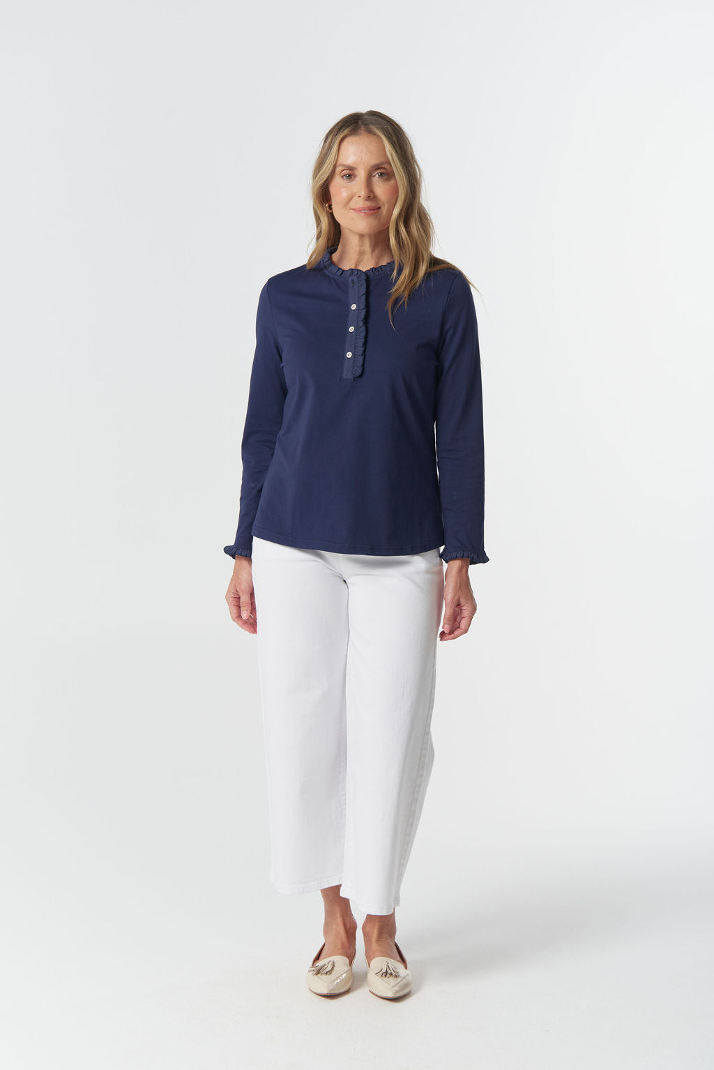 Goondiwindi Cotton Frill Collar Long Sleeve Tee - Parisian Navy