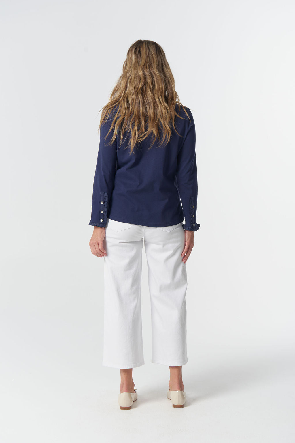 Goondiwindi Cotton Frill Collar Long Sleeve Tee - Parisian Navy