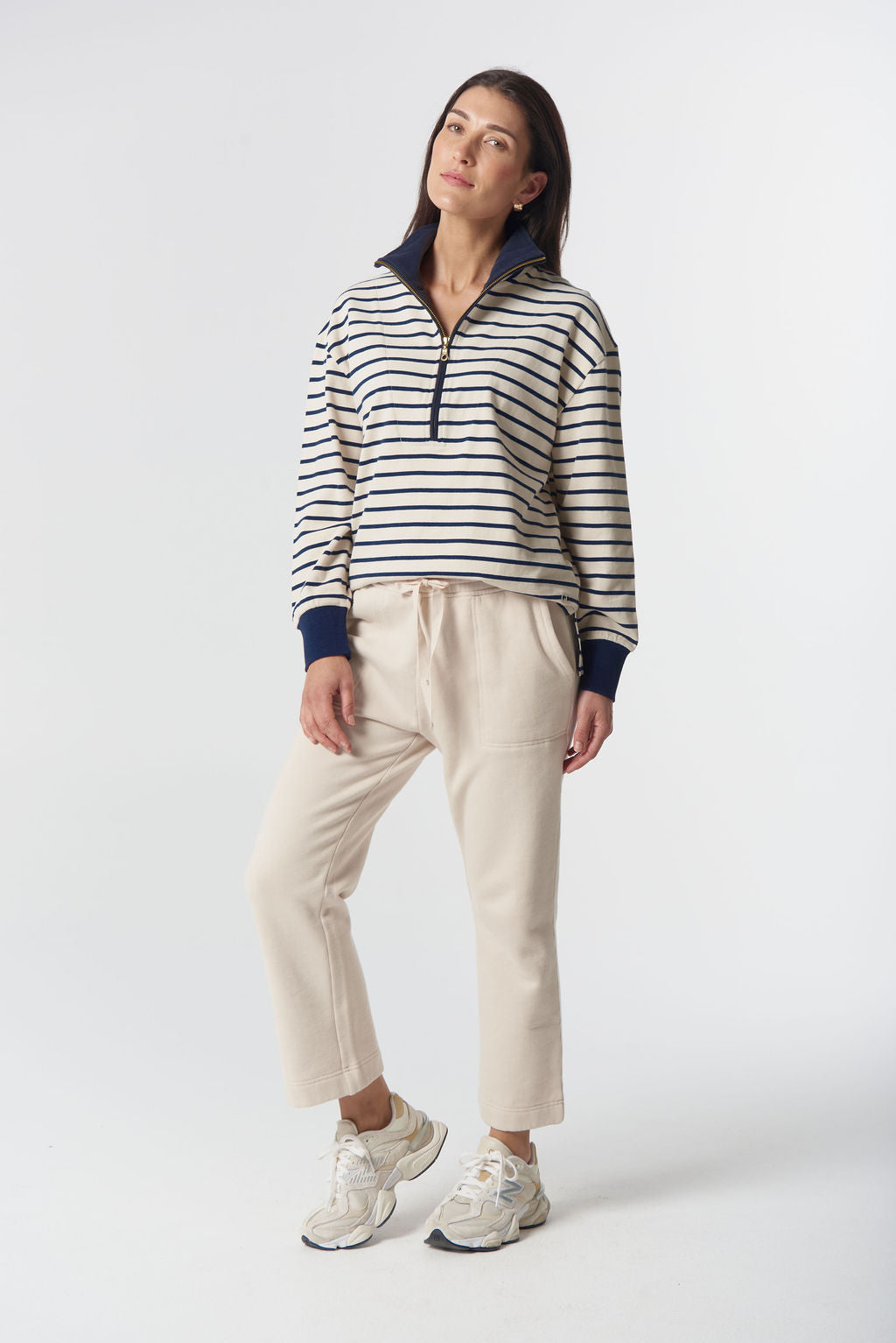 Goondiwindi Cotton Outland Cotton ½ Zip Sweater - Birch/Dark Navy