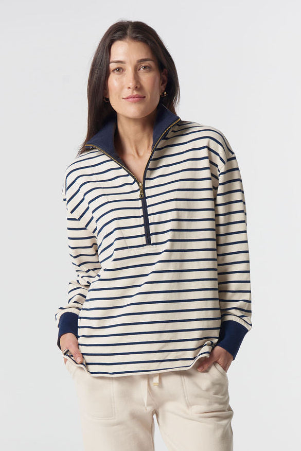 Goondiwindi Cotton Outland Cotton ½ Zip Sweater - Birch/Dark Navy