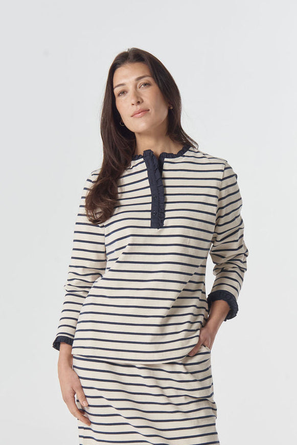 Goondiwindi Cotton Cradle Cotton Stripe Henley Top - Birch/Dark Navy