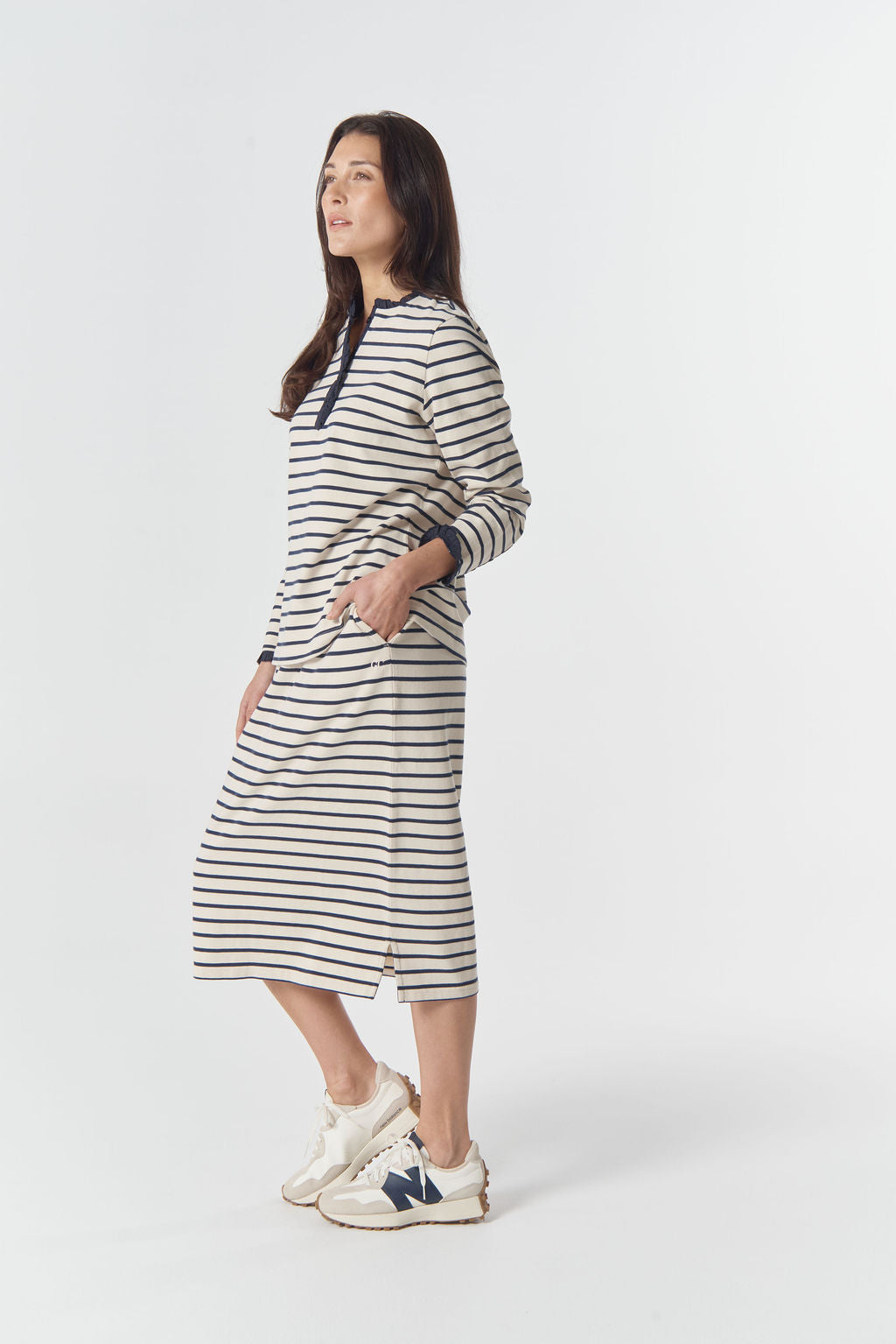 Goondiwindi Cotton Cradle Cotton Stripe Henley Top - Birch/Dark Navy