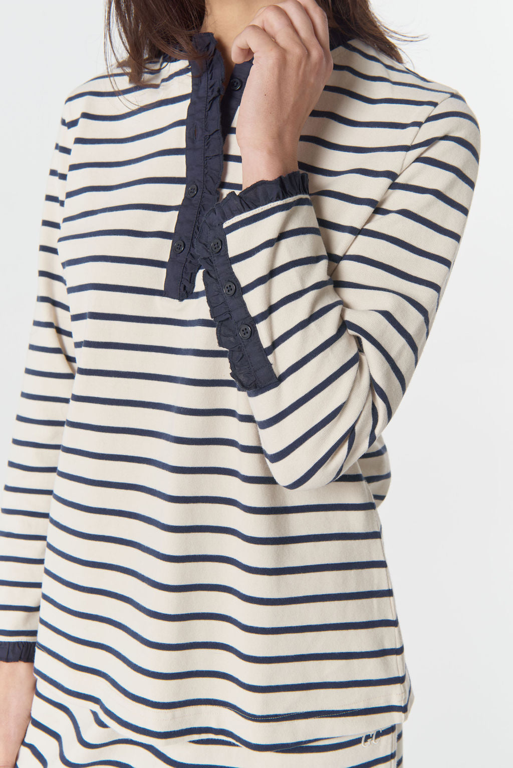Goondiwindi Cotton Cradle Cotton Stripe Henley Top - Birch/Dark Navy