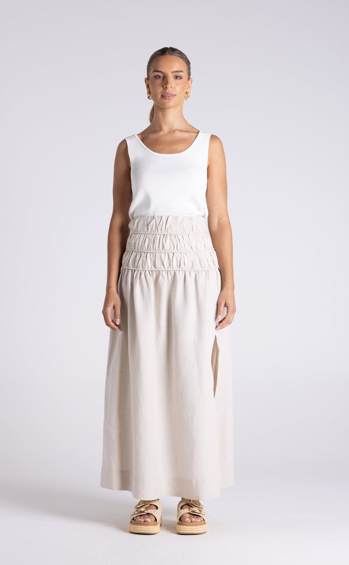 Two T's Gathered Midi Skirt - Straw