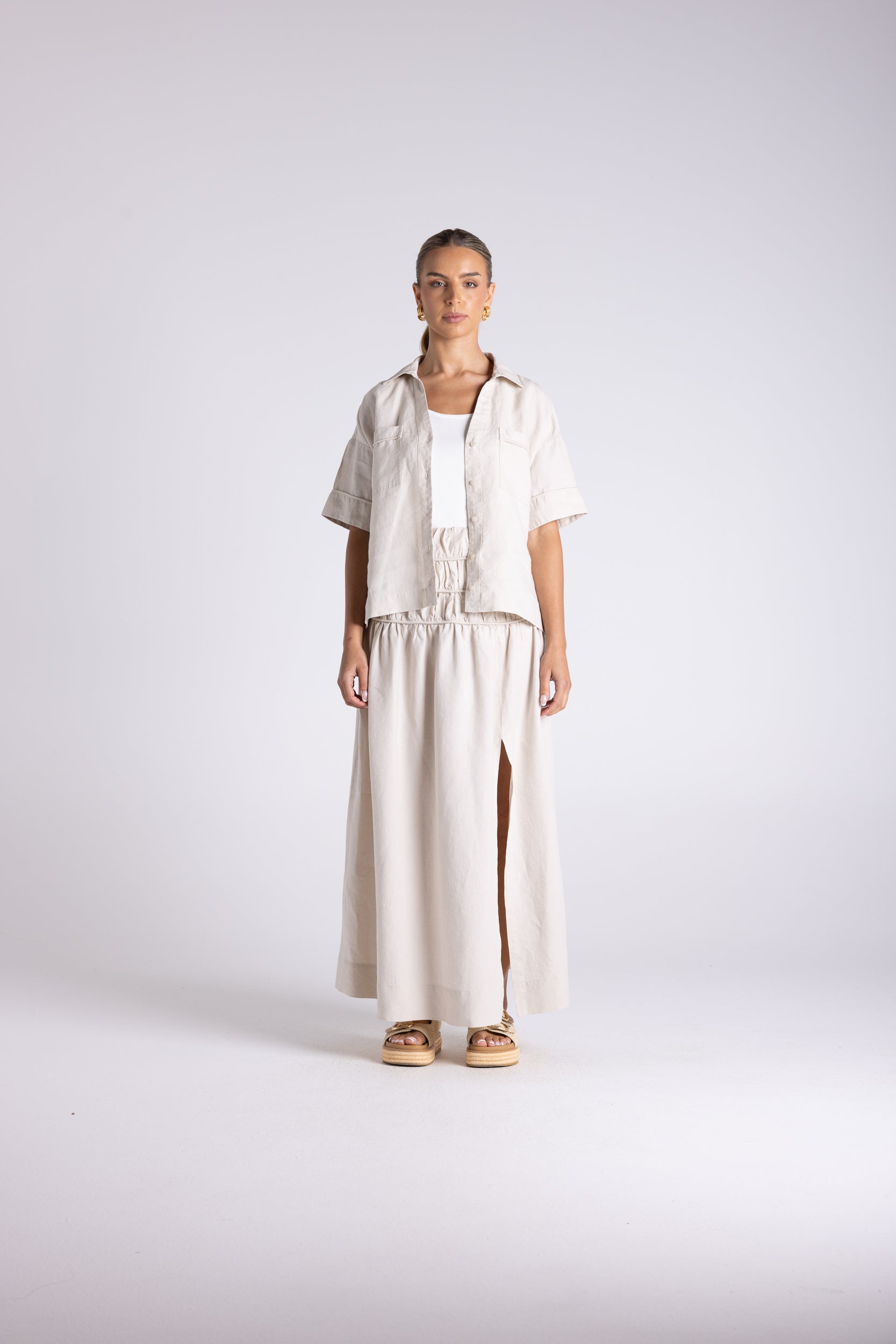 Two T's Gathered Midi Skirt - Straw