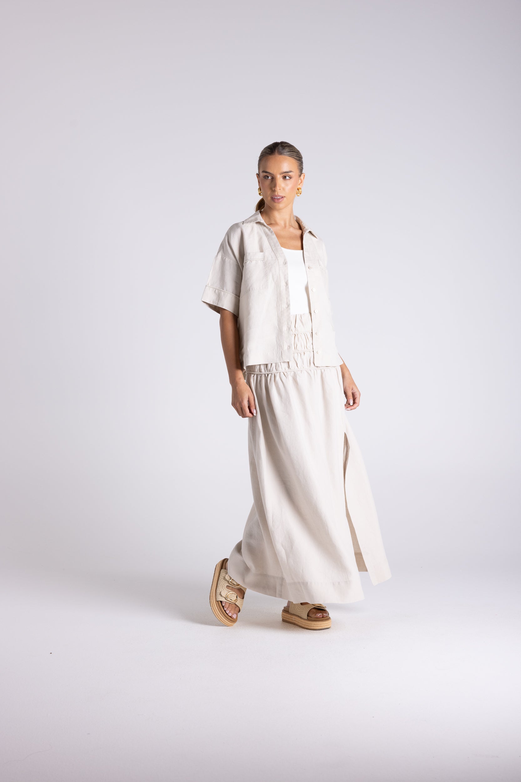 Two T's Gathered Midi Skirt - Straw