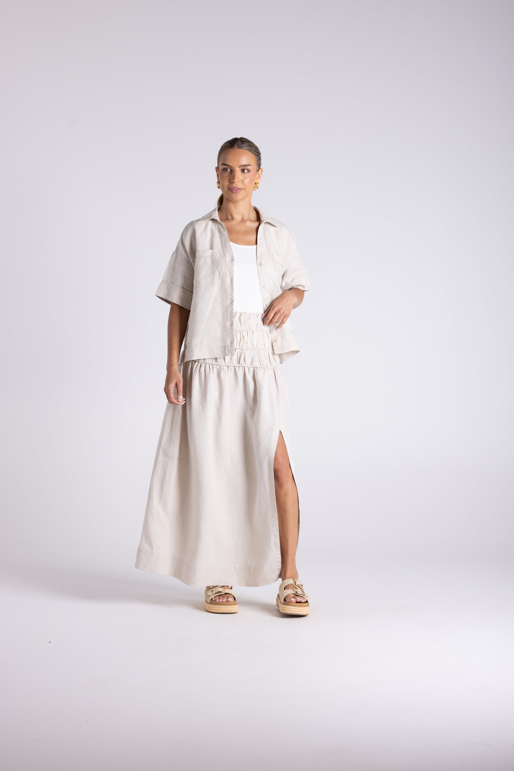 Two T's Gathered Midi Skirt - Straw