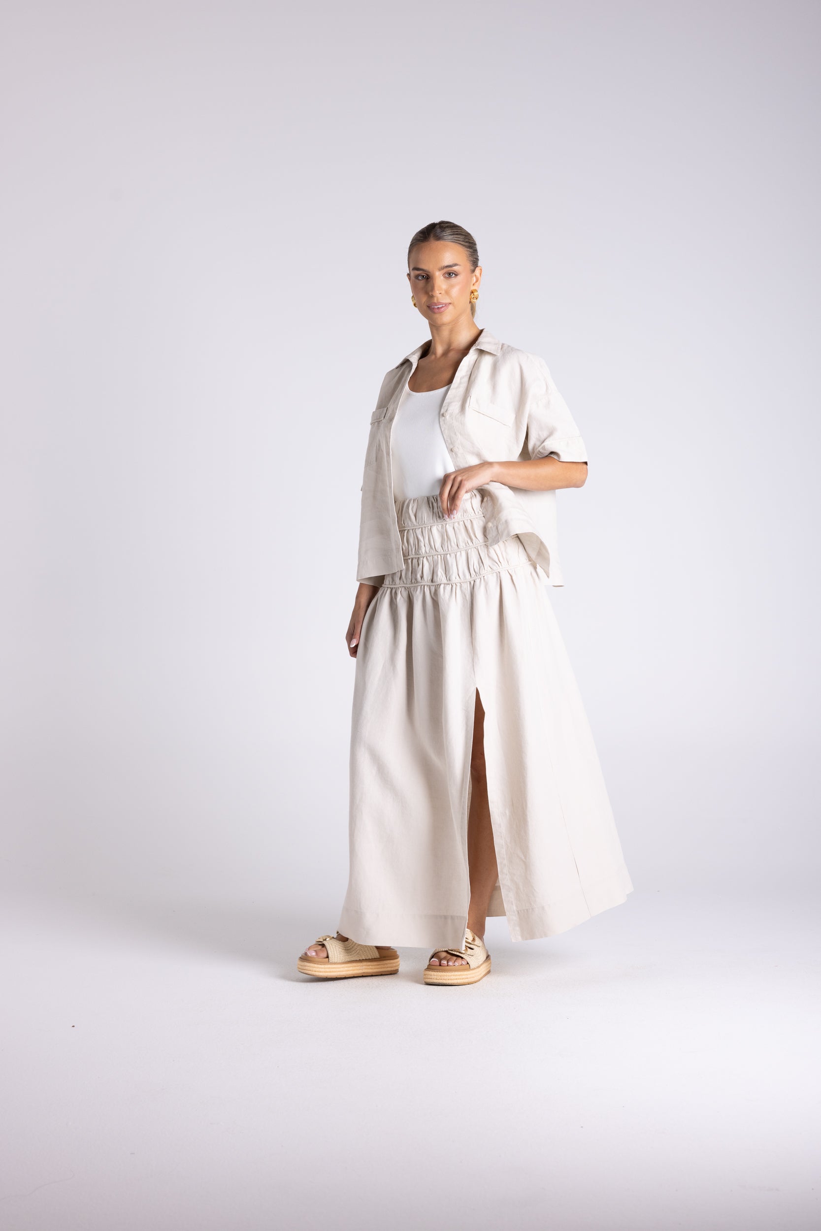 Two T's Gathered Midi Skirt - Straw