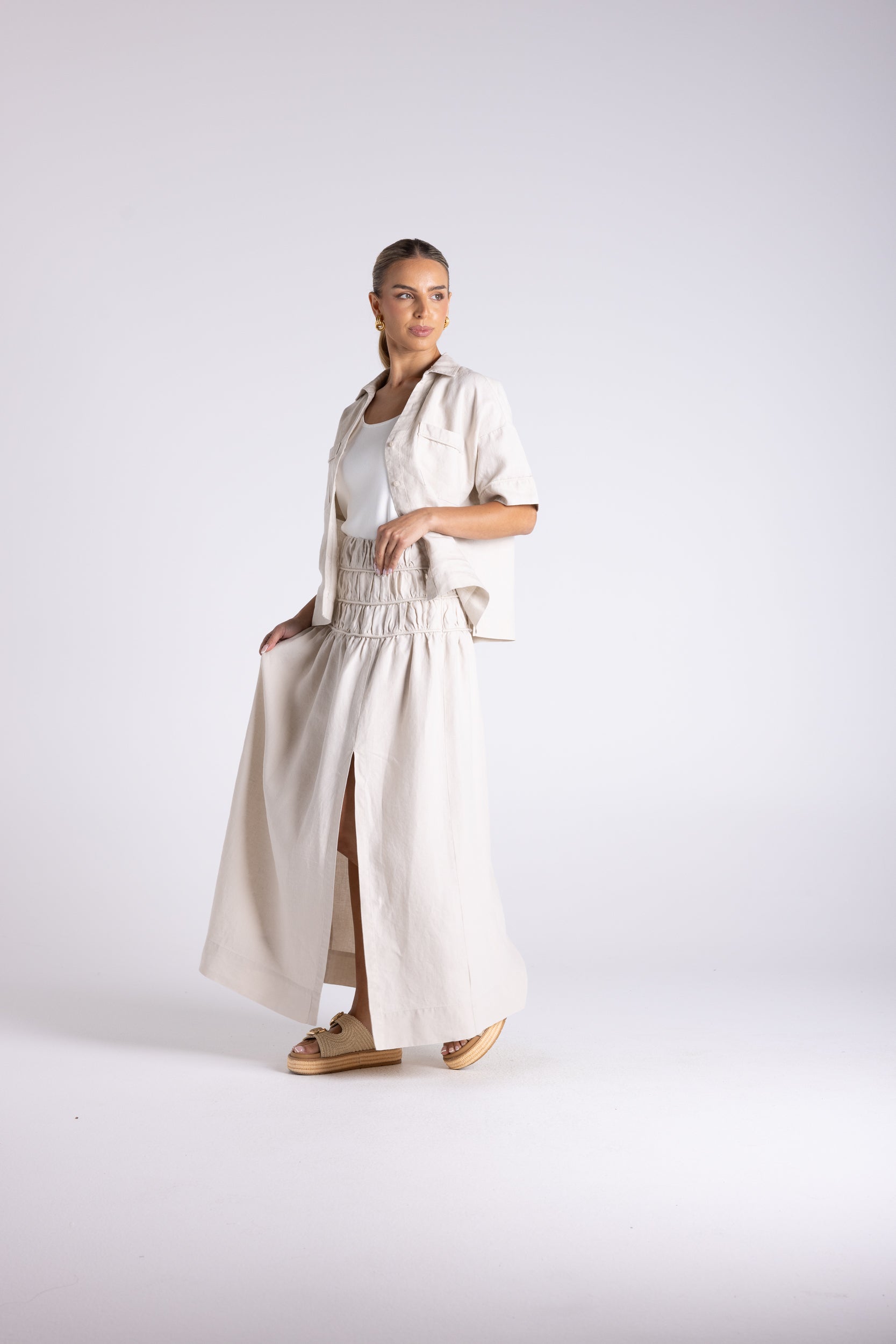 Two T's Gathered Midi Skirt - Straw