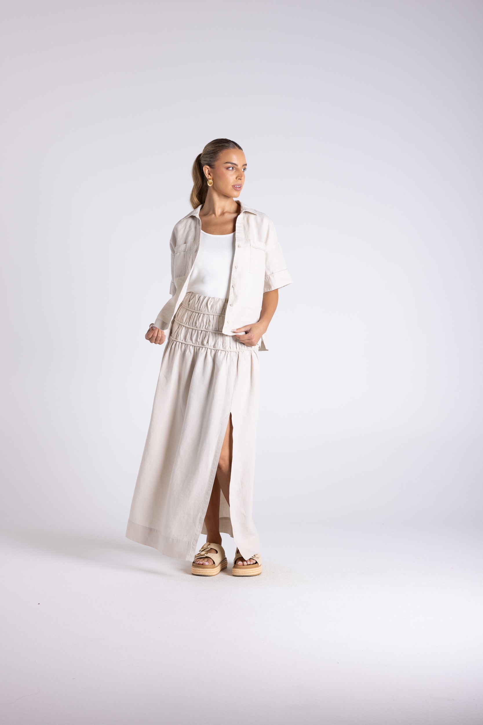 Two T's Gathered Midi Skirt - Straw