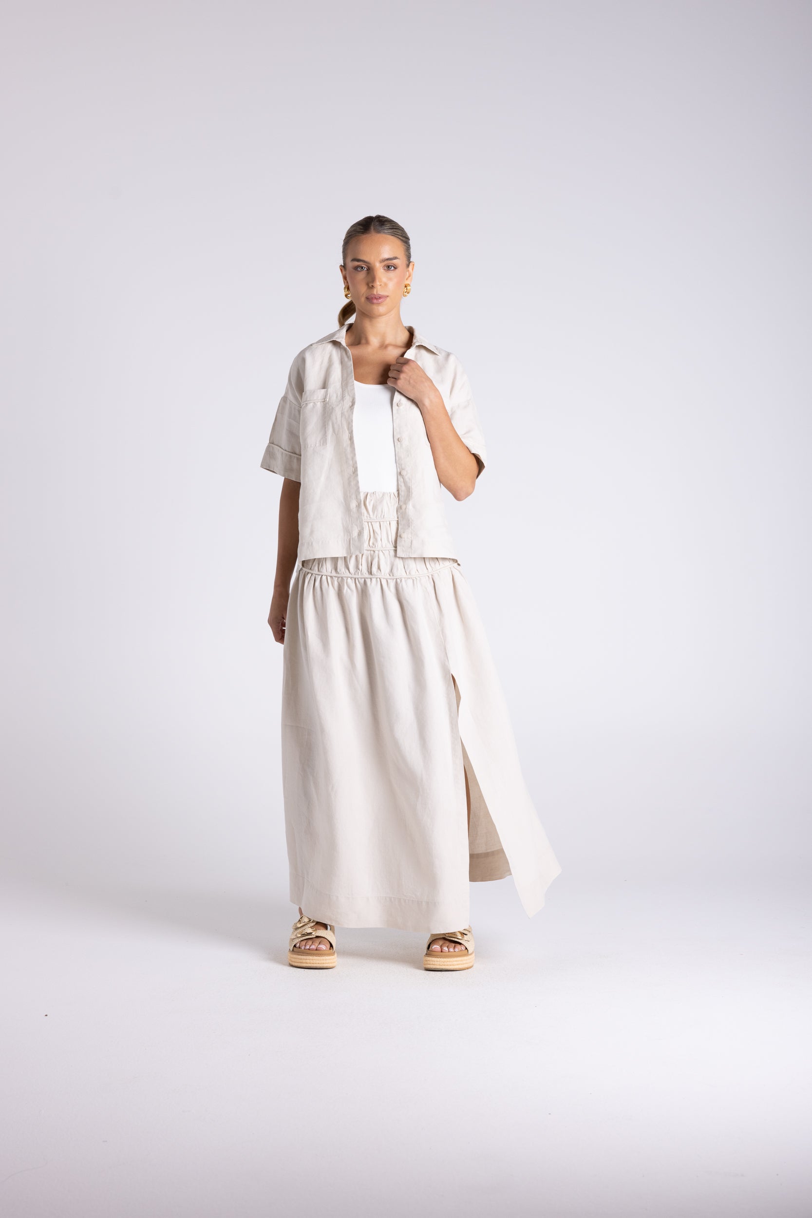 Two T's Gathered Midi Skirt - Straw