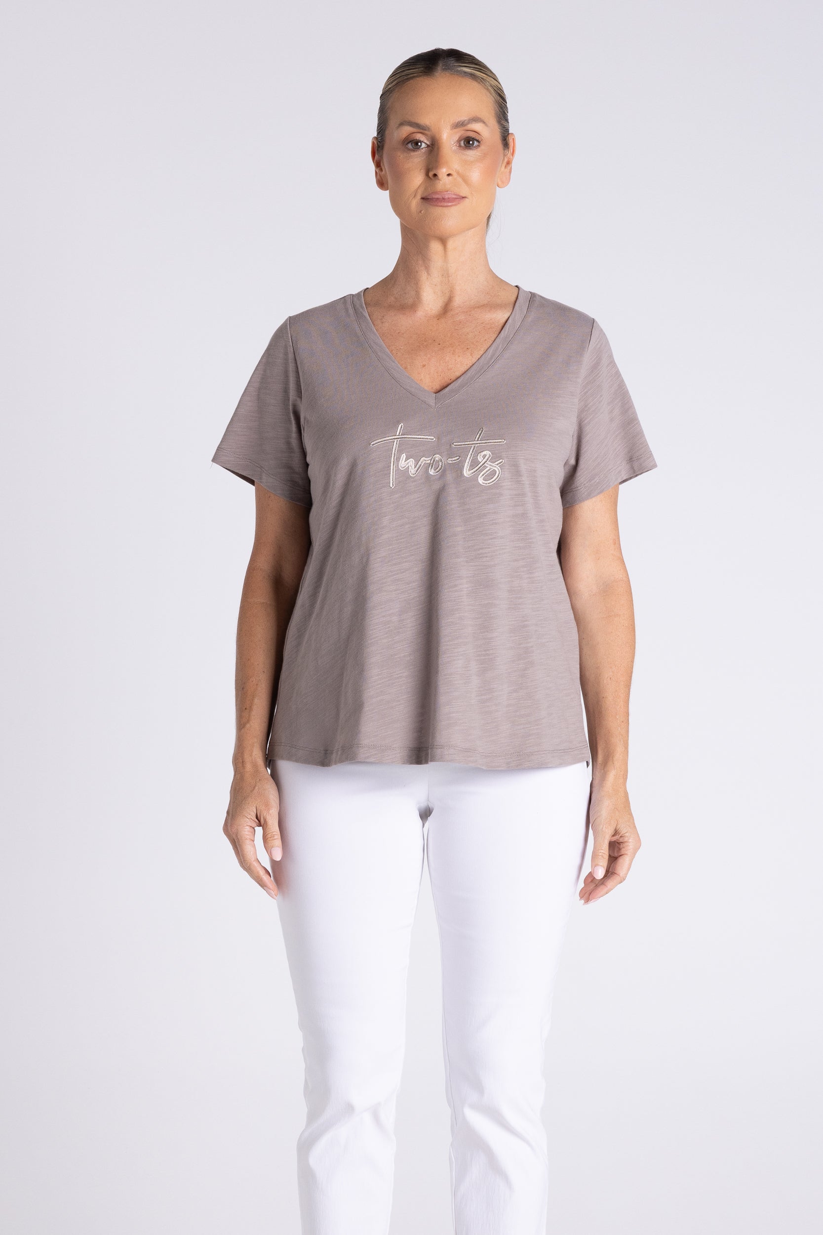 Two T's V Neck T-Shirt with Embroidered Logo - Dove