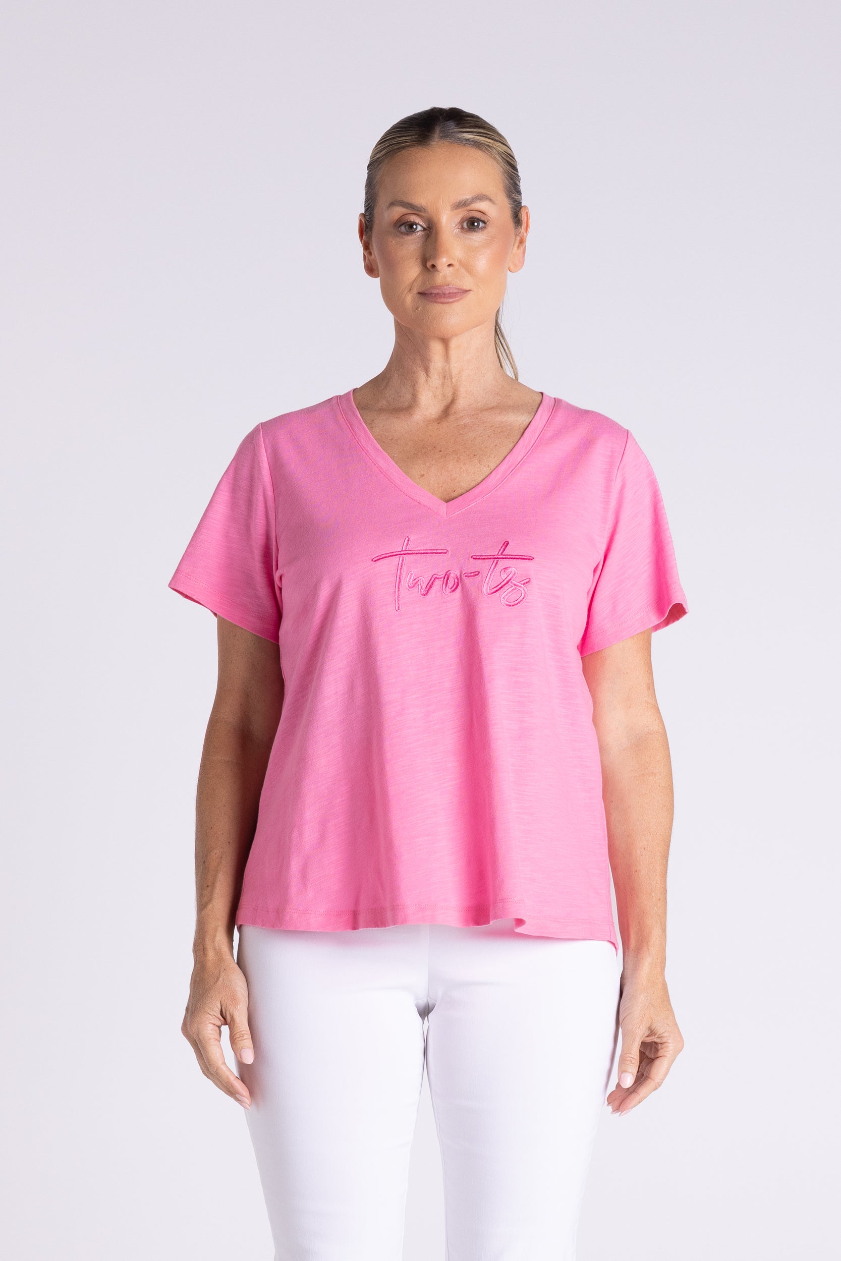 Two T's V Neck T-Shirt with Embroidered Logo - Fluro Pink