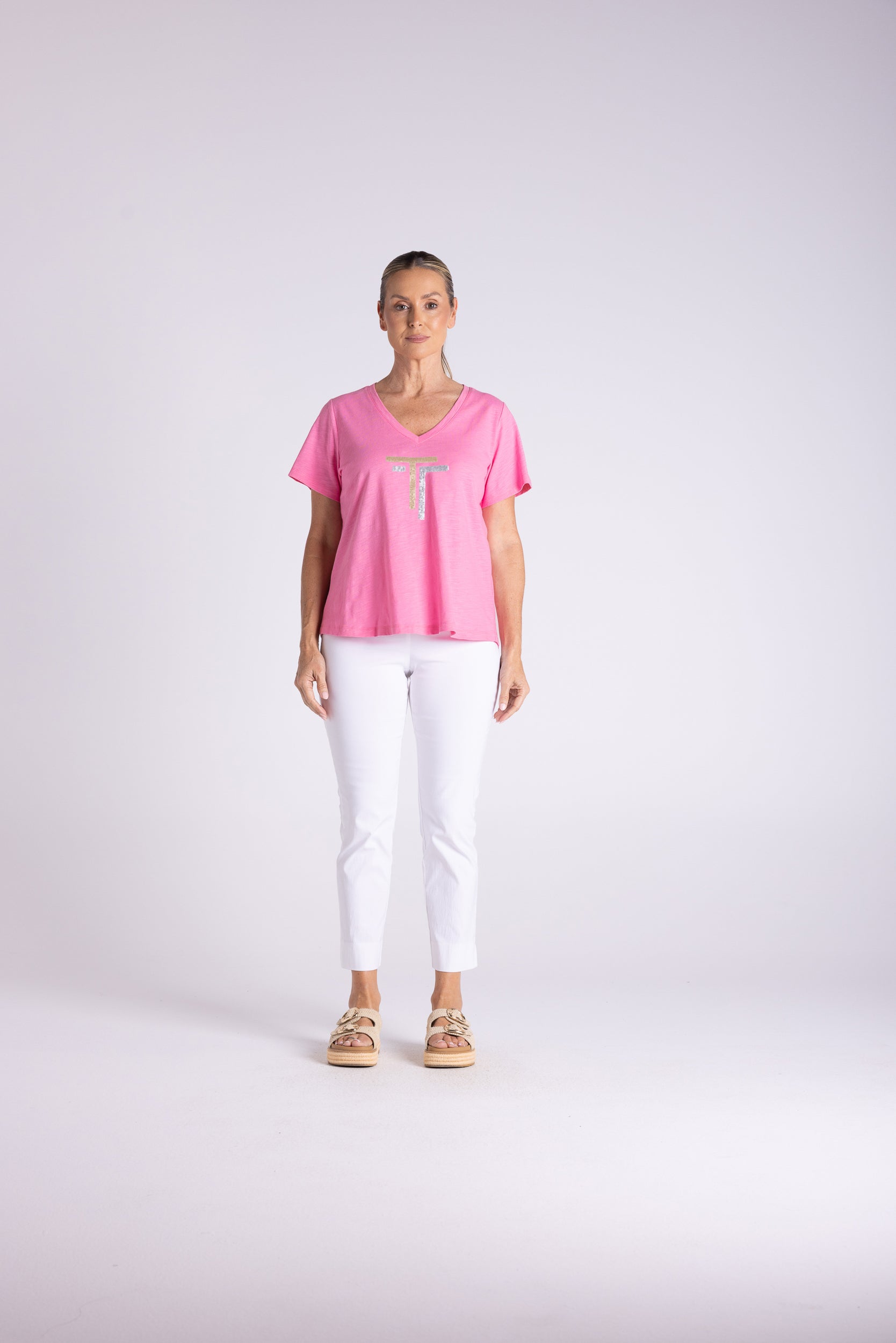 Two T's V Neck T-Shirt with Embroidered Logo - Fluro Pink
