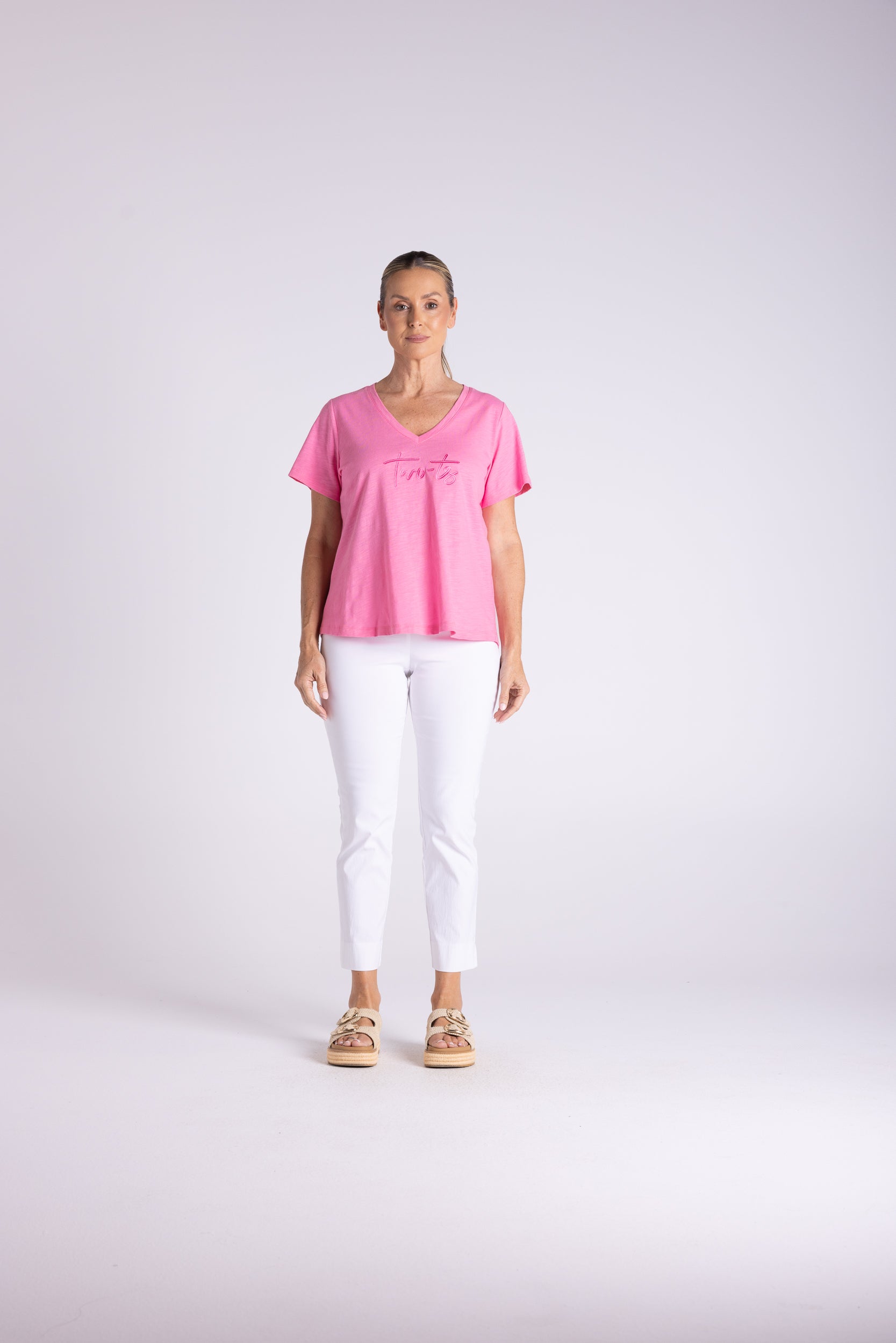 Two T's V Neck T-Shirt with Embroidered Logo - Fluro Pink