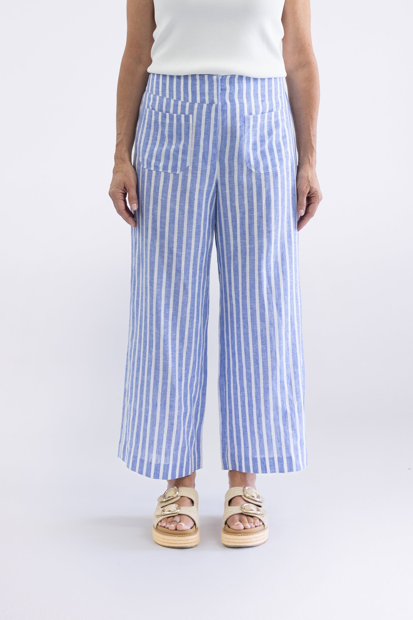 Two T's Amelia Stripe 7/8 Wide Leg Pant - Cornflower Blue/White