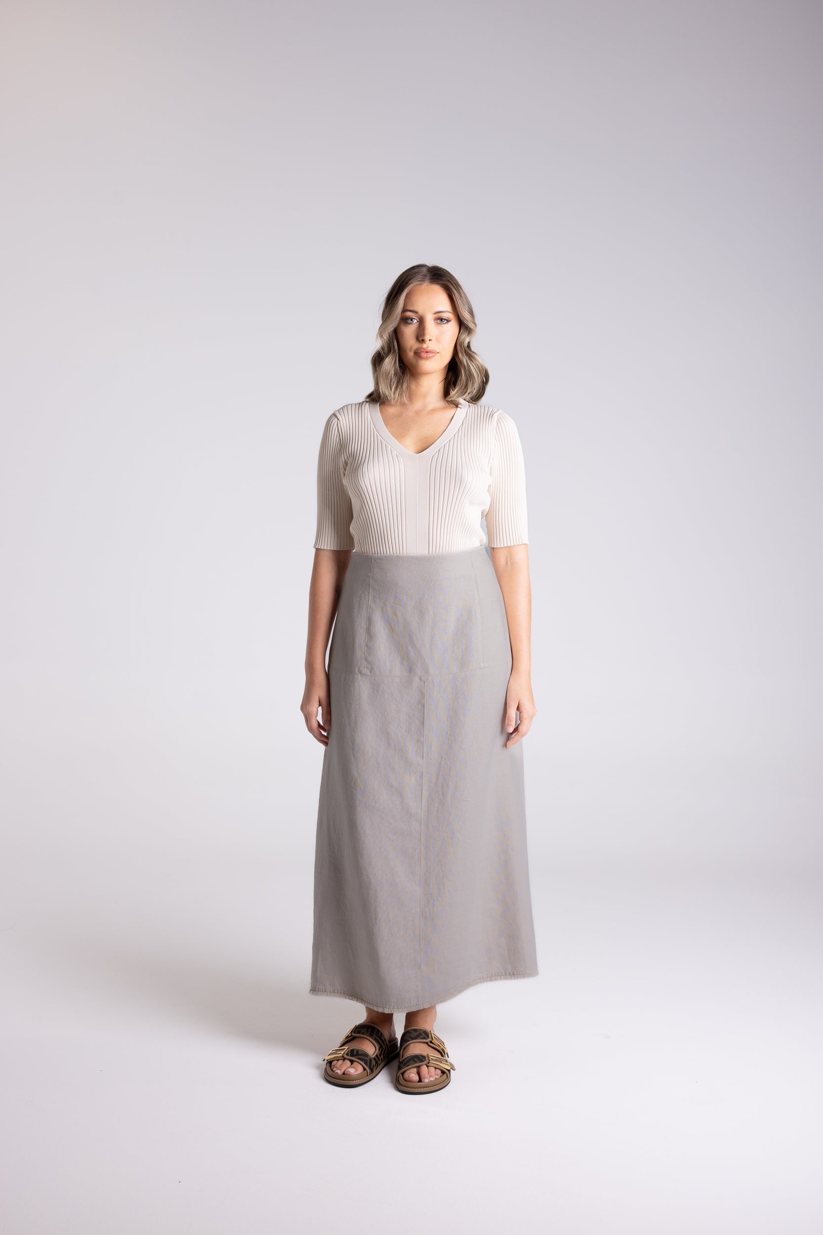 Two T's Tweed Linen Midi Skirt - Dove