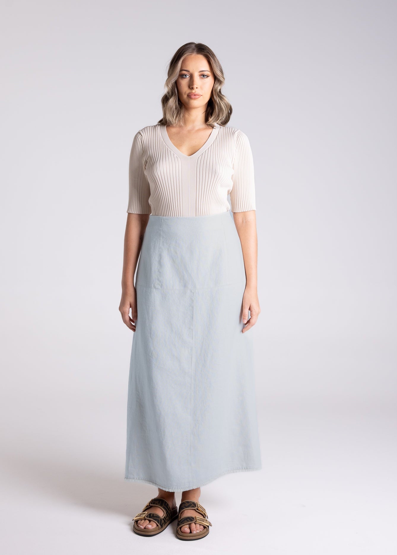 Two T's Tweed Linen Midi Skirt - Sea Foam