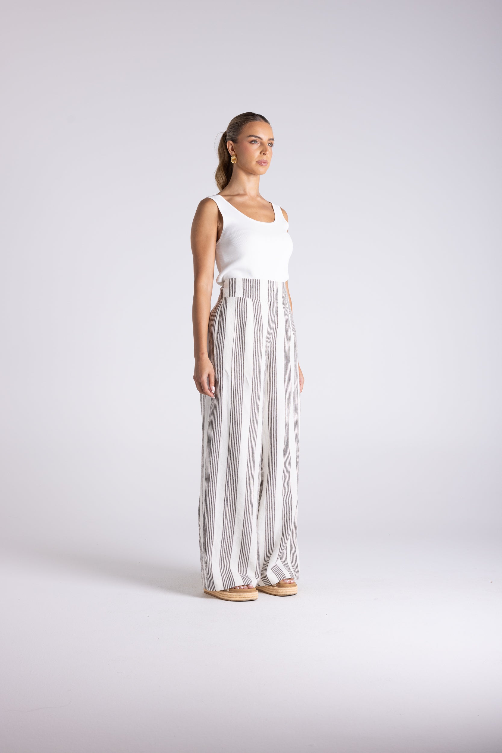 Two T's Mini Stripe Wide Leg Pant - Milk/Chestnut